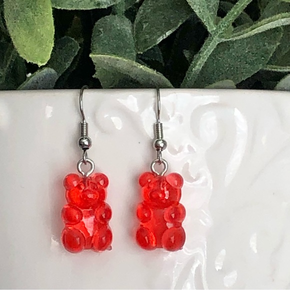 New Red Gummy Bear Resin Dangling Drop Earrings Realistic Mini Food Candy Gifts - Picture 3 of 7